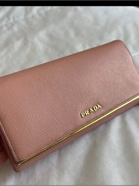 Prada Rose Pink Saffiano Continental Wallet with Gold Trim